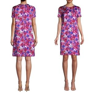 ESCADA DIVISU ROYAL PURPLE FLORAL SHORT SLEEVE COTTON BLEND SHIFT DRESS